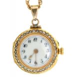 A DIAMOND SET LADY'S FOB WATCH IN GOLD, MARKED 18CT, REF: 13961, 23MM DIAM, ON A GOLD CHAIN, 62CM L,