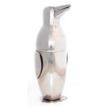 AN ART DECO STYLE STAINLESS STEEL PENGUIN NOVELTY COCKTAIL SHAKER, 33CM H