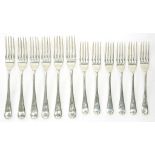 TWO SETS OF SIX GEORGE VI SILVER TABLE AND DESSERT FORKS, OLD ENGLISH PATTERN, SHEFFIELD 1937, 21OZS