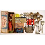 A PELHAM PUPPET, VICTORIAN PRESS MOULDED GLASS SALT CELLAR, COINS, WATCHES AND FLATWARE, ETC