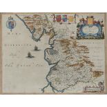 BLAEU (JOAN) LANCASHIRE double page engraved map with margins, 1646, Dutch text, hand coloured, 42 x