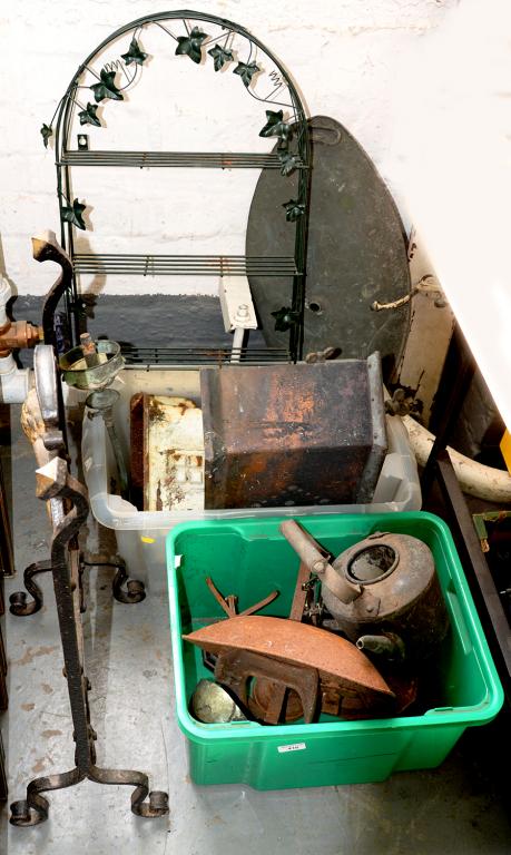 MISCELLANEOUS METALWARE, INCLUDING RAINWATER HOPPER, KETTLES, COPPER WARMING PAN, VICTORIAN COAT