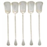 A SET OF FIVE VICTORIAN SILVER ICE CREAM SPOONS WITH SPIRAL STEM, 16CM L, BY MAKER HA, SHEFFIELD