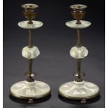 A PAIR OF VICTORIAN PATINATED BRASS MOUNTED WEDGWOOD GREEN JASPER CANDLESTICKS, 1869, 21.5cm h,