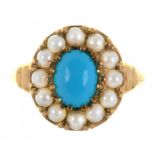 A TURQUOISE AND SPLIT PEARL RING IN 9CT GOLD, MAKER'S MARK REM, BIRMINGHAM 1992, 2.9G, SIZE M++