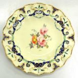 A ROYAL CROWN DERBY PLATE, PAINTED WITH A CENTRAL GROUP OF FLOWERS WITH TWO PROMINENT ROSES ON A