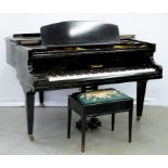 A CHALLEN EBONISED 4'6" PIANO AND STOOL