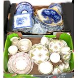 MISCELLANEOUS DECORATIVE POTTERY AND PORCELAIN, TO INCLUDE A TWO HANDLED FLOW BLUE DISH, TWO