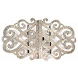 A VICTORIAN PIERCED AND BRIGHT CUT SILVER WAIST CLASP OF STRAPWORK DESIGN, 12CM W, BIRMINGHAM