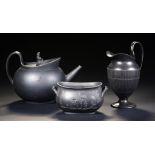 A WEDGWOOD BLACK BASALT GLOBULAR TEAPOT AND COVER, JUG AND SUCRIER, EARLY 19TH C, THE SUCRIER