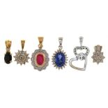 A RUBY AND DIAMOND SET PENDANT IN 9CT GOLD, A DIAMOND SET PENDANT IN 9CT GOLD, A TANZANITE AND