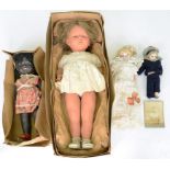 A LATE 19TH C WAX HEADED DOLL WITH BLUE GLASS PAPERWEIGHT EYES AND VARIOUS OTHER DOLLS, TOGETHER