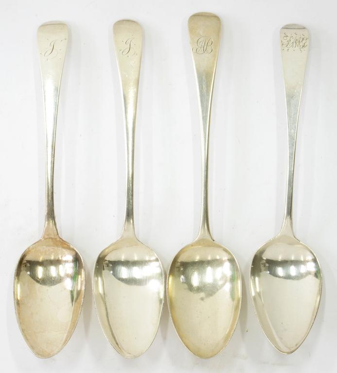 TWO AND A PAIR OF GEORGE III SILVER TABLE SPOONS, OLD ENGLISH PATTERN, ALL LONDON, THE PAIR 1785,