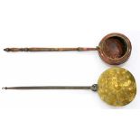 AN 18TH C BRASS WARMING PAN WITH IRON HANDLE AND ANOTHER