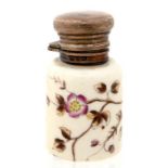 A VICTORIAN SILVER MOUNTED PORCELAIN SCENT BOTTLE, PAINTED WITH PINK FLOWERS, GLASS STOPPER, 6CM