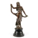 A FIN DE SIECLE BRONZED METAL STATUETTE OF A NYMPH ON EBONISED BASE, 30CM H, C1900