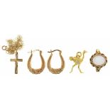 AN OPAL SET RING IN 9CT GOLD, A GOLD CROSS AND CHAIN, MARKED 375, A PAIR OF GOLD EARRINGS, MARKED