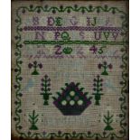 A VICTORIAN LINEN SAMPLER BY ANNIE MORRIS AGED 12 YR, IN MAHOGANY FRAME, 30 X 26CM