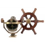 A COPPER AND BRASS GIMBALED MARINE COMPASS, 25CM H AND A CONTEMPORARY EARLY 20TH C TEAK SHIP'S WHEEL