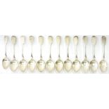 TWELVE ENGLISH AND IRISH SILVER DESSERT SPOONS, FIDDLE PATTERN, LONDON AND DUBLIN BY VARIOUS MAKERS,