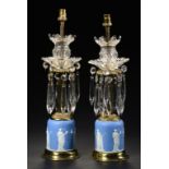 A PAIR OF BRASS MOUNTED WEDGWOOD BLUE JASPER LUSTRE CANDLESTICKS, LATE 19TH C, the domed foot