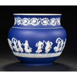 AN ADAMS DARK BLUE JASPER DIP DANCING HOURS JARDINIERE, C1900, 24cm h, impressed marks