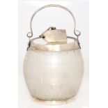 AN EPNS MOUNTED CUT AND FROSTED GLASS BISCUIT BARREL, SWING HANDLE, 17CM H, C1900