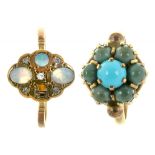 A TURQUOISE CLUSTER RING IN 9CT GOLD AND AN OPAL AND DIAMOND RING IN 9CT GOLD, 4.65G, SIZES J, M++