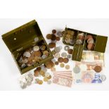 MISCELLANEOUS COINS AND BANKNOTES IN A GREEN METAL CASH TIN