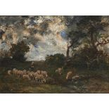 CHARLES EMILE JACQUE (1813-1894) WOODED LANDSCAPE WITH A SHEPHERD, signed, oil on canvas, 32 x