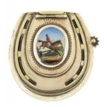 A VICTORIAN EPNS AND ENAMEL HORSE SHOE NOVELTY VESTA CASE DECORATED WITH A FOX HUNTER, 5.5CM H,