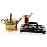 A VICTORIAN EBONY VENEERED INKSTAND, 38CM W, A VICTORIAN BRASS WATER CAN AND A 19TH C BELL METAL