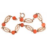 A GOLD BRACELET WITH CORAL BEADS, MARKED 9K, 10.4G++GOOD CONDITION