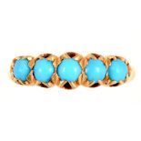 A TURQUOISE FIVE STONE RING IN GOLD, MARKED 18CT, 4.3G, SIZE O++GOOD CONDITION