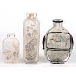 THREE CHINESE GLASS INTERIOR PAINTED SNUFF BOTTLES, ONE OF CAMEO GLASS OVERLAID IN BLACK, 5.6-10CM