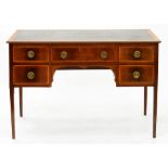 AN EDWARDIAN INLAID WALNUT WRITING TABLE ON SQUARE TAPERING LEGS, FITTED WITH LEATHER TOP, EARLY