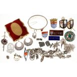 MISCELLANEOUS SILVER JEWELLERY INCLUDING BANGLE, CHARM BRACELET, ETC AND A METAL COMPACT, BADGES,