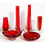 TWO AND A PAIR OF RUBY CASED GLASS VASES AND TWO DISHES, PAIR 23.5CM H, 1960'S