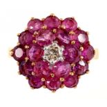 A DIAMOND AND RUBY CLUSTER RING IN GOLD, MARKS RUBBED, 3.5G, SIZE K++GOOD CONDITION - ASSAY AND YEAR