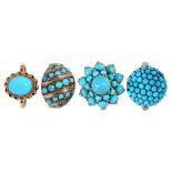 FOUR TURQUOISE RINGS IN GOLD, TWO MARKED 9CT, OTHERS UNMARKED, 17.7G, SIZES K, N, O, P ++GOOD