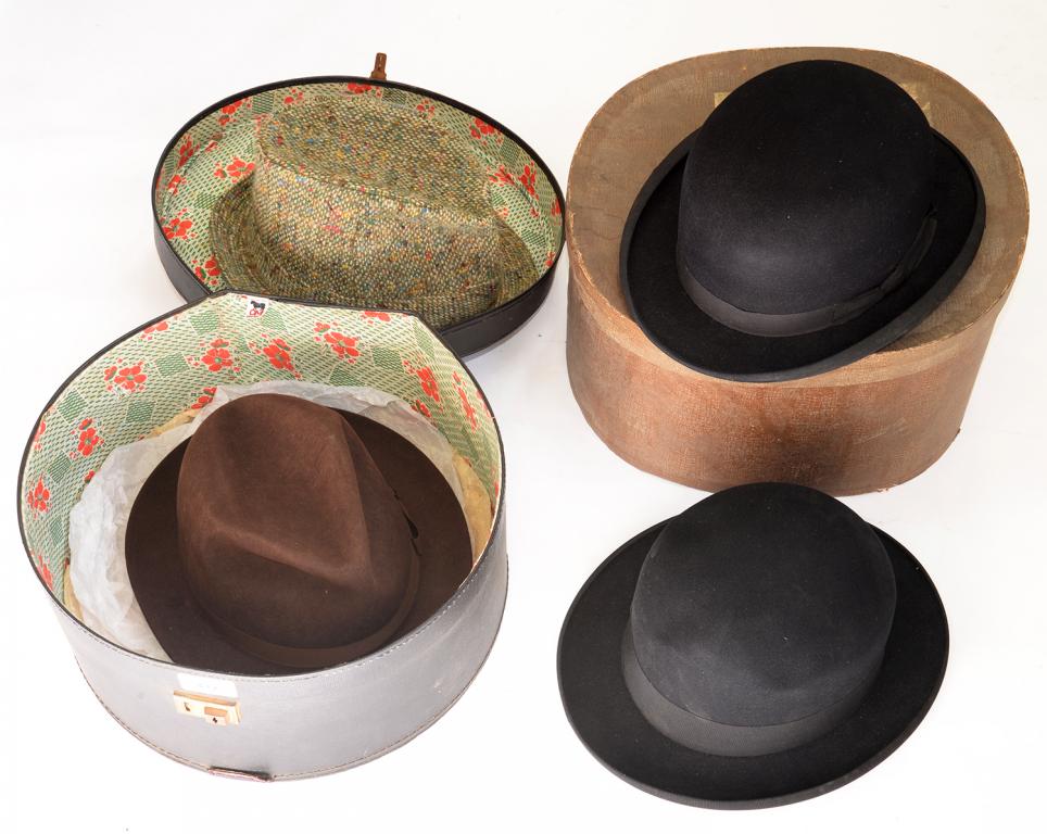 FOUR VARIOUS HATS, IN TWO CASES
