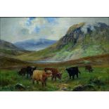 WILLIAM E. PETTINGALE, HIGHLAND CATTLE IN A MOUNTAIN LANDSCAPE, SIGNED, OIL ON CANVAS, 22 X 32CM