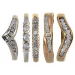 FIVE DIAMOND SET RINGS IN 9CT GOLD, 9.1G, SIZES I, L, N, O++GOOD CONDITION