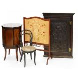 A VICTORIAN CARVED OAK CORNER CUPBOARD, AN EARLY 20TH C MAHOGANY FIRE SCREEN WITH EMBROIDERED PANEL,