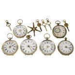 SIX VARIOUS SILVER KEYLESS AND KEY WOUND FOB WATCHES WITH ENAMEL DIAL, ALL CIRCA 1900