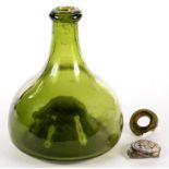 A MOULD-BLOWN GREEN GLASS ONION BOTTLE, MARKED AJG & F, 17CM H, AN 18TH C ENGLISH GLASS BOTTLE SEAL,