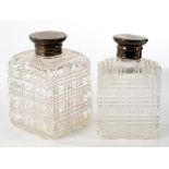 TWO MATCHING SILVER CAPPED CUT GLASS BOTTLES FROM A DRESSING SET, GLASS STOPPERS, 9CM H AND SMALLER,