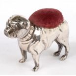 AN EDWARD VII SILVER BULLDOG NOVELTY PIN CUSHION, 5.5CM H, BIRMINGHAM, DATE LETTER RUBBED,