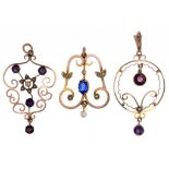 THREE GEM SET OPENWORK PENDANTS IN GOLD, TWO MARKED 9CT, OTHER UNMARKED, 5.2G++GOOD CONDITION