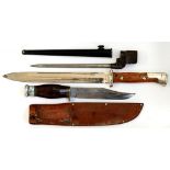 TWO BAYONETS, ONE WITH SHEATH AND A KNIFE WITH CLIPPED BACK BLADE AND LEATHER SHEATH